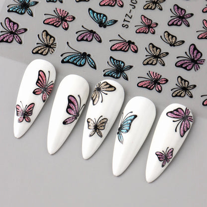 Glitter Butterfly Nail Stickers Decals Charm 3D Shiny Blue Pink Design Self Adhesive Sliders Nail Art Foils Manicure Decorations