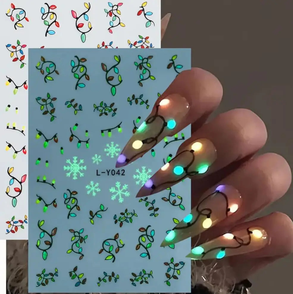 1pcs Luminous Light Bulbs Design Nail Art Stickers 3D Christmas Tree Snowflakes Noctilucent Lanterns Nail Decals DIY Winter Nail