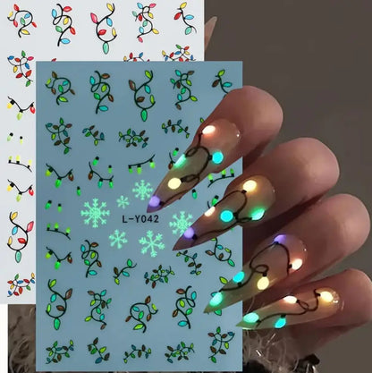1pcs Luminous Light Bulbs Design Nail Art Stickers 3D Christmas Tree Snowflakes Noctilucent Lanterns Nail Decals DIY Winter Nail