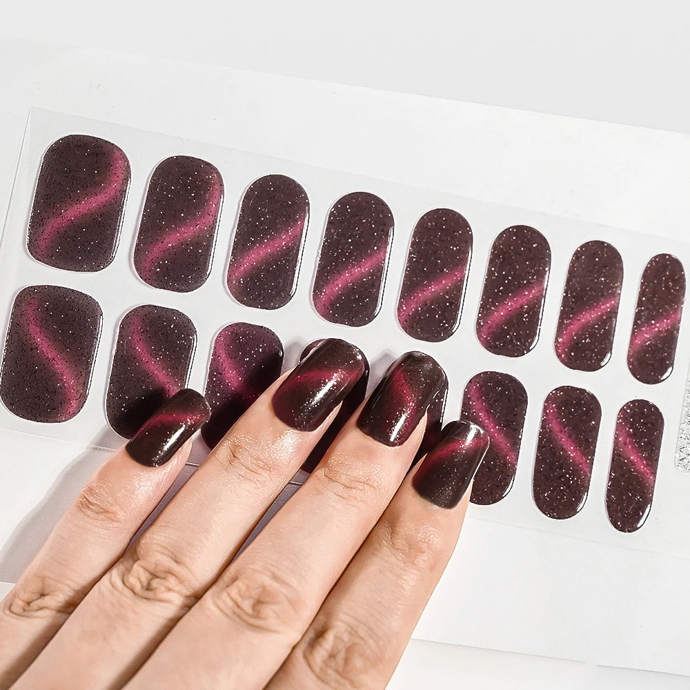 Green Cat Eyes Semi Cured Gel Nail Stickers 16Tips Pure Color Fine Flash Full Cover Nail Slider UV/LED  Baking  Lamp Gel Sticker