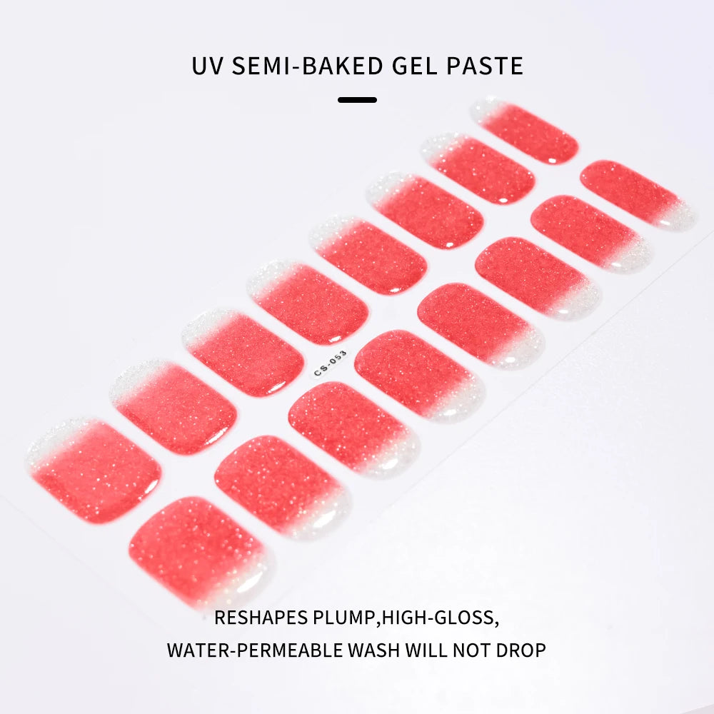 16Tips Glitter Semi-Cured Gel UV Sticker 3D French Gradient Shiny Glitter Powder UV Gel Sticker Full Cover UV Lamp Glitter Decal