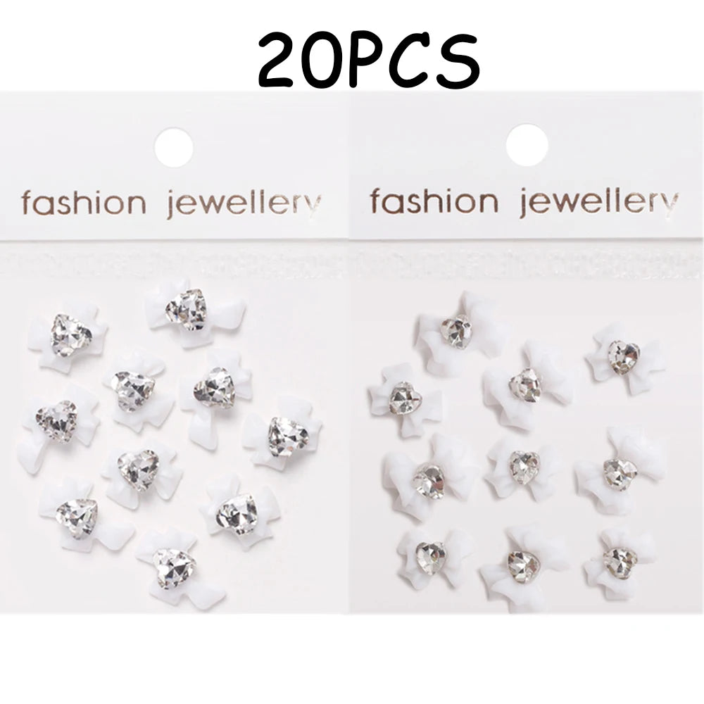 30/20/10PC Pink Ribbon Resin Bow Parts Nail Charms Mix-Style Bow Rhinestone Jewelry 8-12mm Y2K Accessory for DIY Manicure Decora