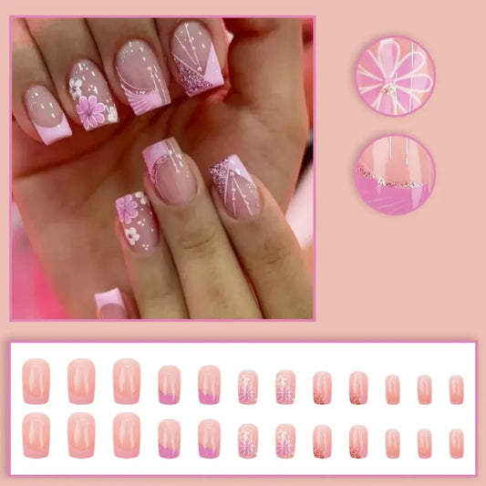 Pink Glitter Flower Press-On Nails