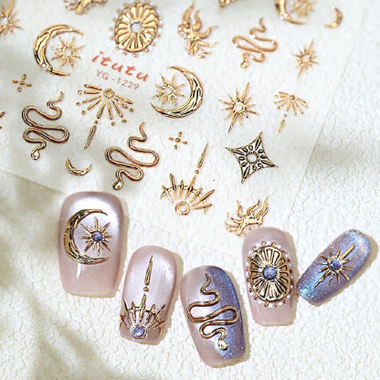 Gold Silver Snake Stars Nail Stickers for Nail Decoation Decals 5D Self-Adhesive Bronzing Stars Moon Totem DIY Supplies 2030