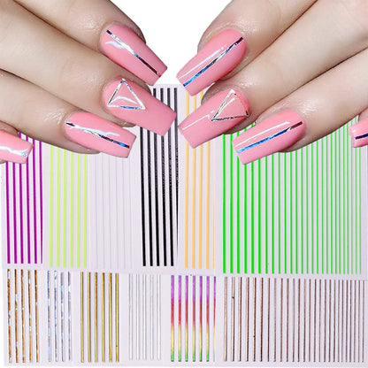 12 Sheets Strip Lines Nails art Stickers 3D Fluorescent Laser Gold Self-Adhesive Nail Sliders Decoration 6.5X5cm Manicure Decals