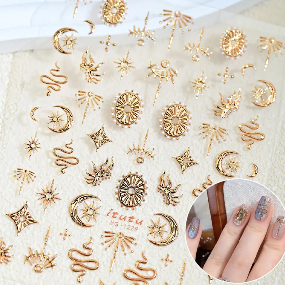 Gold Silver Snake Stars Nail Stickers for Nail Decoation Decals 5D Self-Adhesive Bronzing Stars Moon Totem DIY Supplies 2030