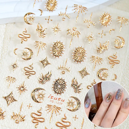 Gold Silver Snake Stars Nail Stickers for Nail Decoation Decals 5D Self-Adhesive Bronzing Stars Moon Totem DIY Supplies 2030