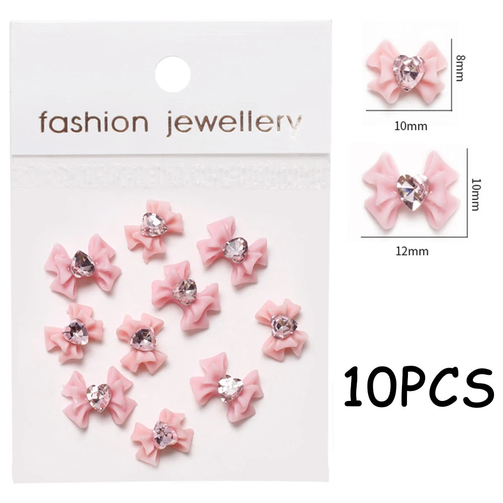 30/20/10PC Pink Ribbon Resin Bow Parts Nail Charms Mix-Style Bow Rhinestone Jewelry 8-12mm Y2K Accessory for DIY Manicure Decora