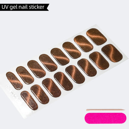 Green Cat Eyes Semi Cured Gel Nail Stickers 16Tips Pure Color Fine Flash Full Cover Nail Slider UV/LED  Baking  Lamp Gel Sticker
