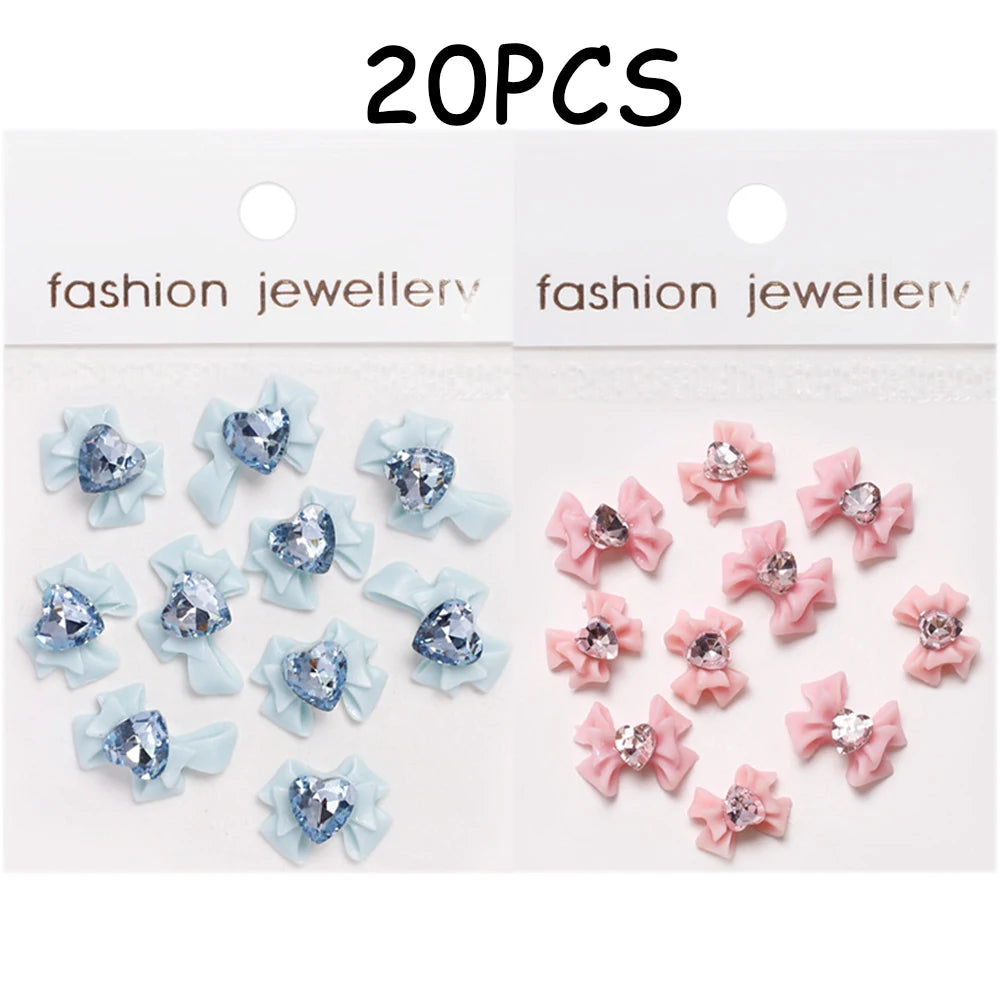 30/20/10PC Pink Ribbon Resin Bow Parts Nail Charms Mix-Style Bow Rhinestone Jewelry 8-12mm Y2K Accessory for DIY Manicure Decora