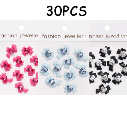 30/20/10PC Pink Ribbon Resin Bow Parts Nail Charms Mix-Style Bow Rhinestone Jewelry 8-12mm Y2K Accessory for DIY Manicure Decora