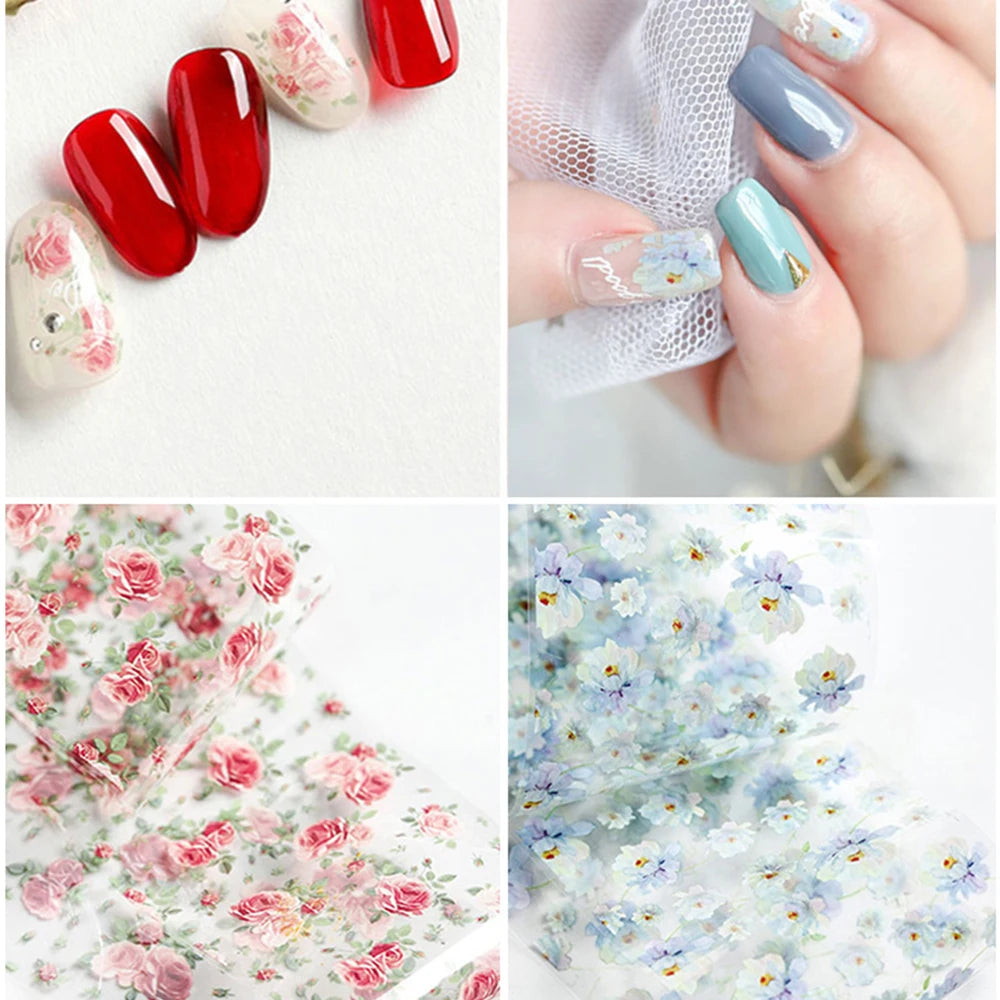 10Roll/Box Rose Flowers Designs Transfer Foil Sky Decals Transfer Foil Nails Sliders Holographic Flower Stickers Manicure Decor*