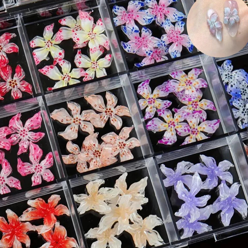 60pcs Mixed Hawaiian Flower Nail Decoration 3D Gradient Cherry Blossom Crystal Five Petal Leopard Print Lily Flower Nail Charms