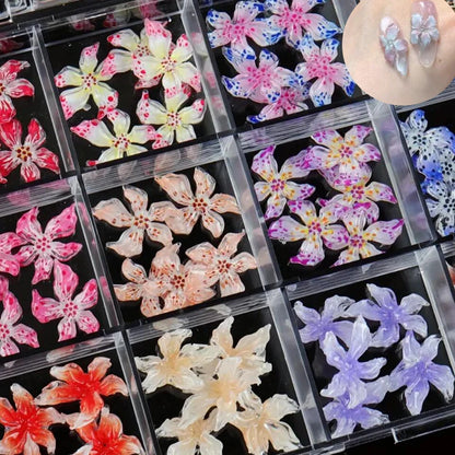 60pcs Mixed Hawaiian Flower Nail Decoration 3D Gradient Cherry Blossom Crystal Five Petal Leopard Print Lily Flower Nail Charms