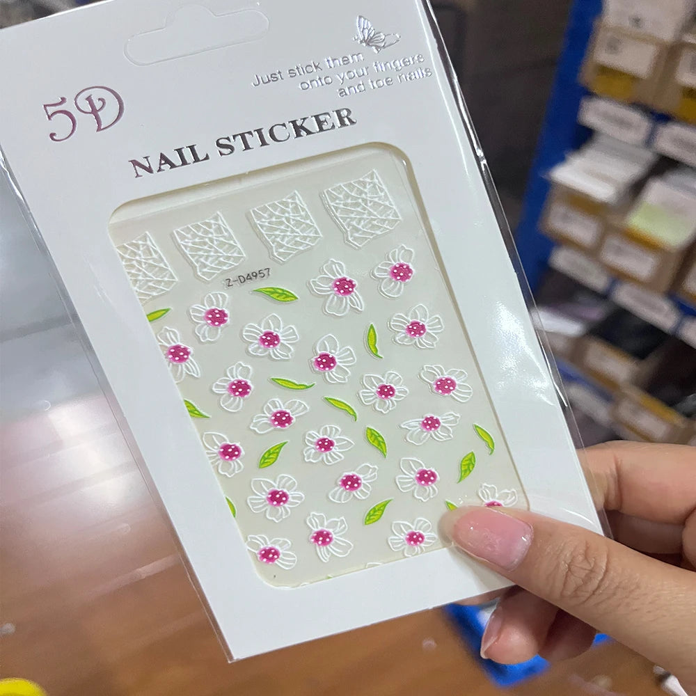 1pc 5D Embossed Flowers leaves Design Nail Art Stickers,Nails Art Decals Self Adhesive Nail Sticker Supplies for Women and Girls