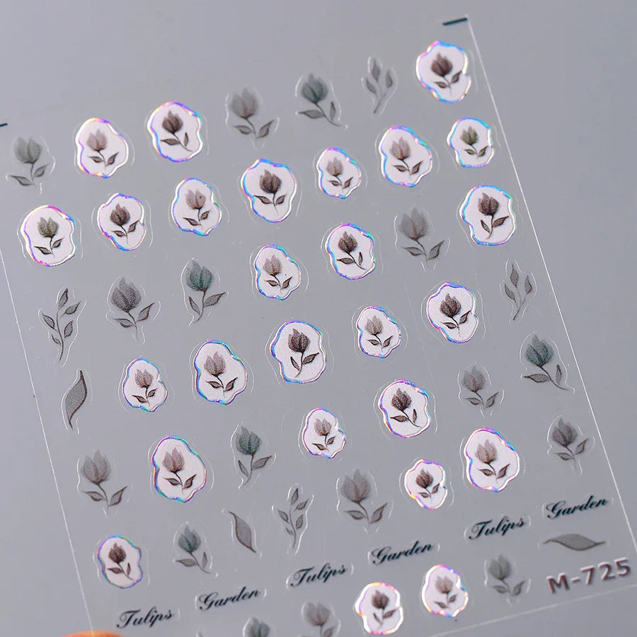 Colorful Floral Nail Art Sticker Summer Garden Motifs Juicy Flower Petals Dimensional Botanical Patterns Adhesive Manicure Decal