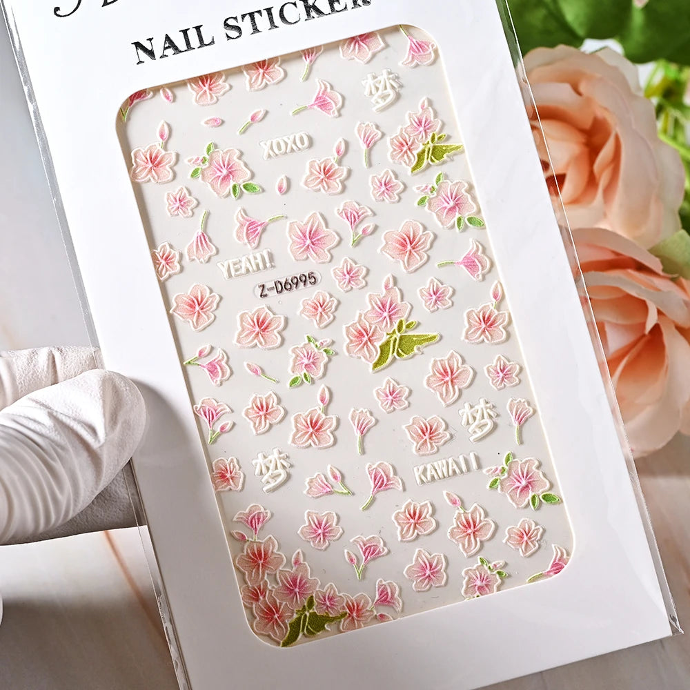 1pc 5D Embossed Flowers leaves Design Nail Art Stickers,Nails Art Decals Self Adhesive Nail Sticker Supplies for Women and Girls