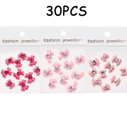30/20/10PC Pink Ribbon Resin Bow Parts Nail Charms Mix-Style Bow Rhinestone Jewelry 8-12mm Y2K Accessory for DIY Manicure Decora