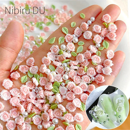 Pink Rose Resin Flower Nail Charms 30pc