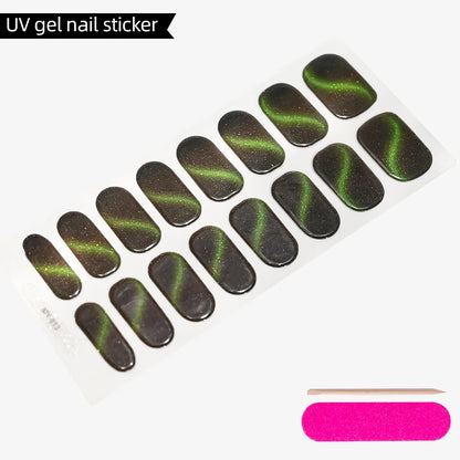 Green Cat Eyes Semi Cured Gel Nail Stickers 16Tips Pure Color Fine Flash Full Cover Nail Slider UV/LED  Baking  Lamp Gel Sticker