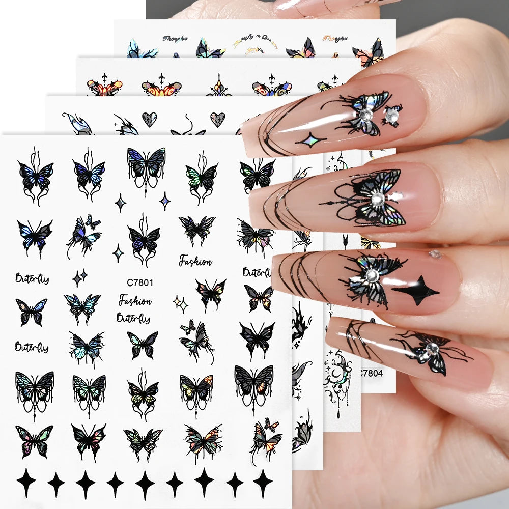 4Pcs/Set Laser Black Butterfly Stickers Holographic Butterflies Star Jewelry Design Decals 3D Self-Adhesive Slider Nails Decora*