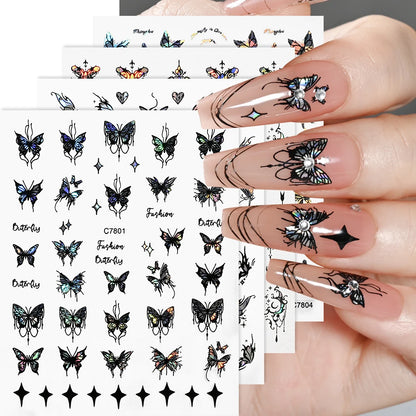 4Pcs/Set Laser Black Butterfly Stickers Holographic Butterflies Star Jewelry Design Decals 3D Self-Adhesive Slider Nails Decora*