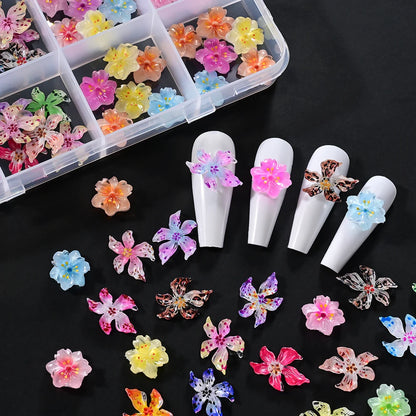 60pcs Mixed Hawaiian Flower Nail Decoration 3D Gradient Cherry Blossom Crystal Five Petal Leopard Print Lily Flower Nail Charms