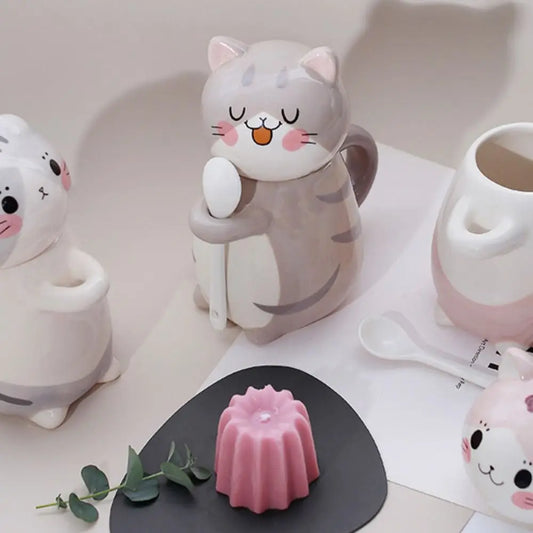 Hand-Painted Cat Mug with Lid & Spoon