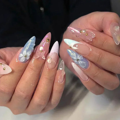 Yellow Peach Floral Almond Nails