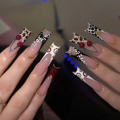 Leopard Cherry Rhinestone Press-On Nails