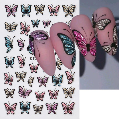 Glitter Butterfly Nail Stickers Decals Charm 3D Shiny Blue Pink Design Self Adhesive Sliders Nail Art Foils Manicure Decorations
