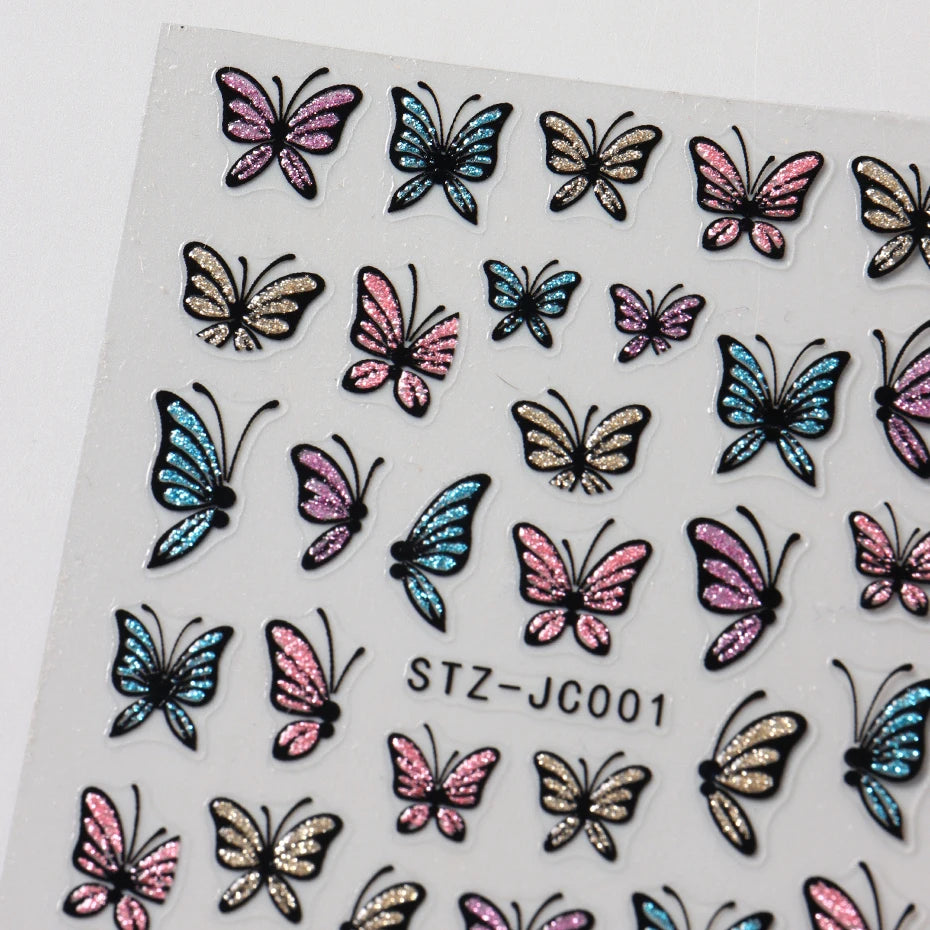 Glitter Butterfly Nail Stickers Decals Charm 3D Shiny Blue Pink Design Self Adhesive Sliders Nail Art Foils Manicure Decorations