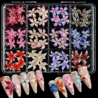 60pcs Mixed Hawaiian Flower Nail Decoration 3D Gradient Cherry Blossom Crystal Five Petal Leopard Print Lily Flower Nail Charms