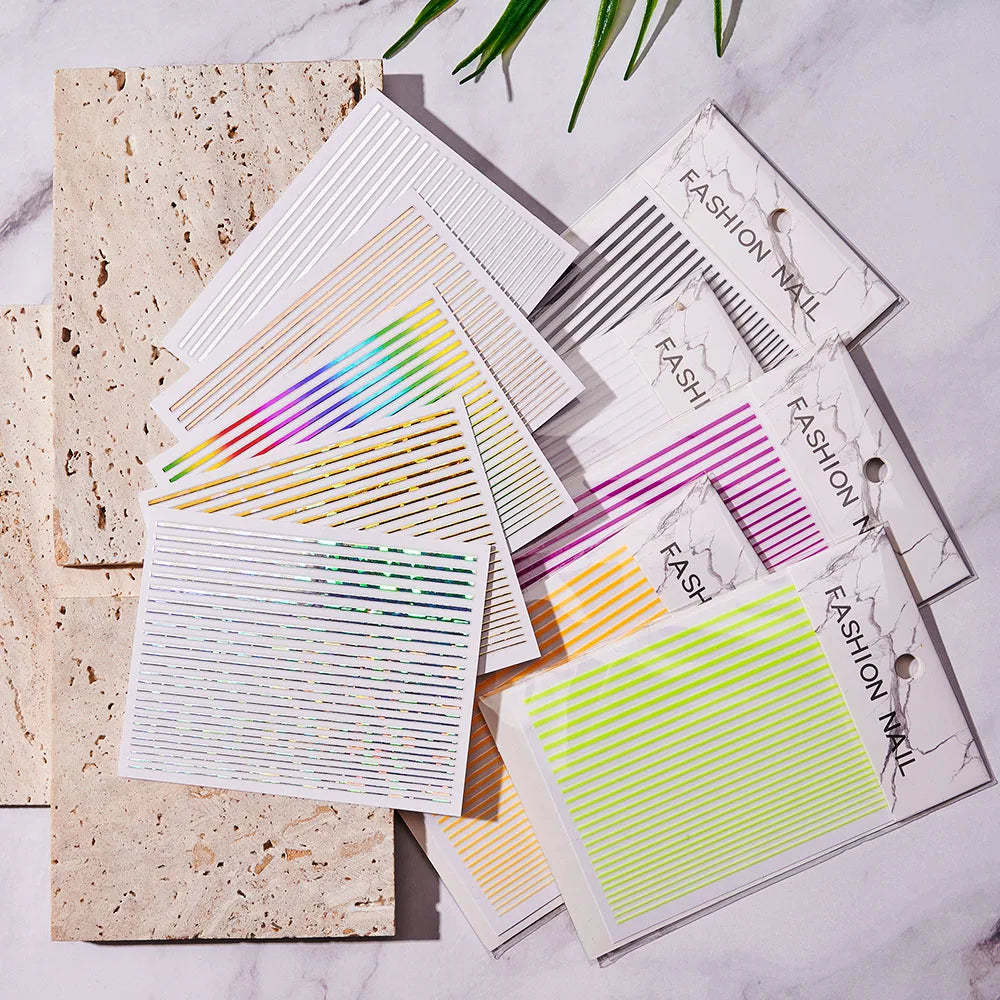 12 Sheets Strip Lines Nails art Stickers 3D Fluorescent Laser Gold Self-Adhesive Nail Sliders Decoration 6.5X5cm Manicure Decals