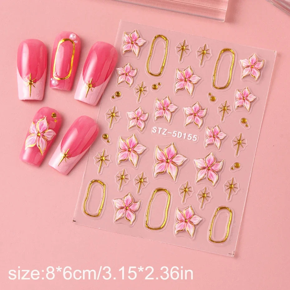 2pcs Embossed Hibiscus Flower Nail Art Sticker Pink Flower With Golden Metal Ring Charm Self-Adhesive Decals Manicure Decoration