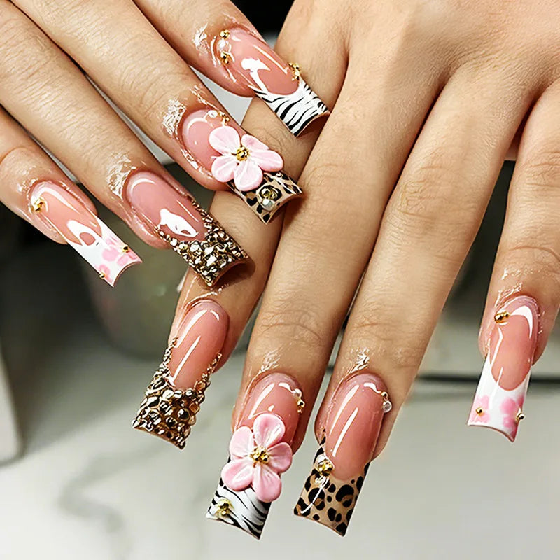 Leopard Cherry Rhinestone Press-On Nails