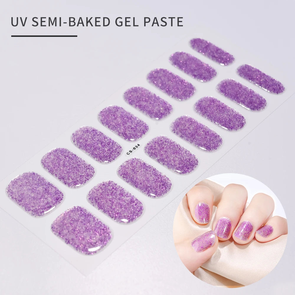 16Tips Glitter Semi-Cured Gel UV Sticker 3D French Gradient Shiny Glitter Powder UV Gel Sticker Full Cover UV Lamp Glitter Decal