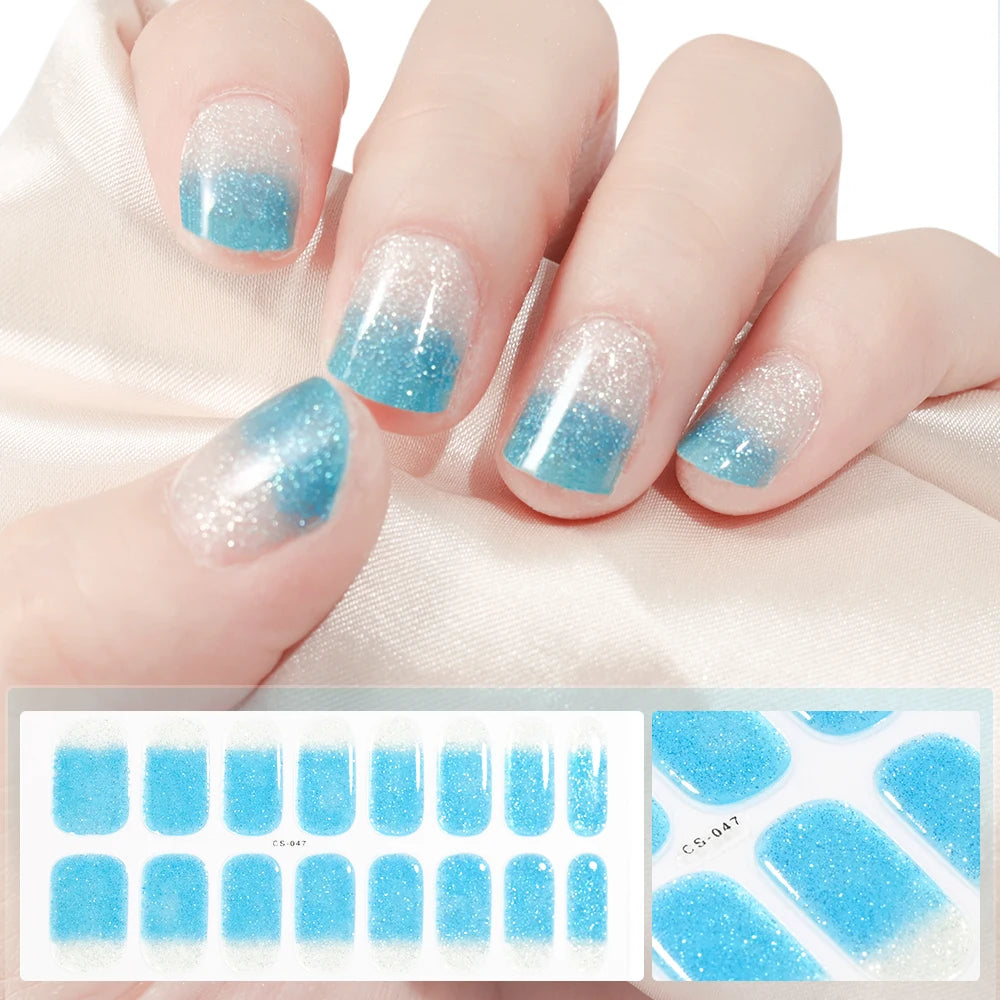16Tips Glitter Semi-Cured Gel UV Sticker 3D French Gradient Shiny Glitter Powder UV Gel Sticker Full Cover UV Lamp Glitter Decal