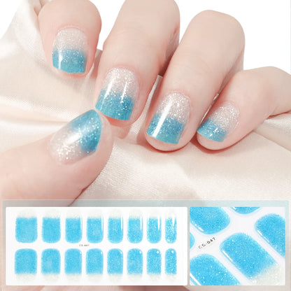 16Tips Glitter Semi-Cured Gel UV Sticker 3D French Gradient Shiny Glitter Powder UV Gel Sticker Full Cover UV Lamp Glitter Decal