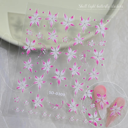 5D Hibiscus Flower Nail Embossed Sticker Acrylic Pink White Gold Petal Leaf Adhesive Decal Butterfly Dragon Floral Elegant Decor