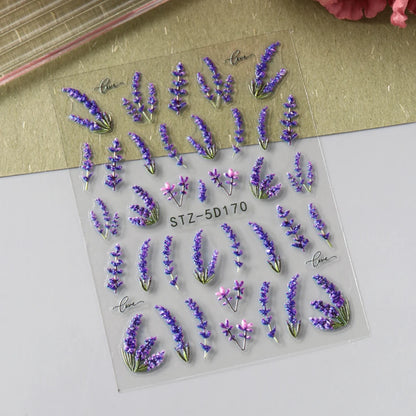 5D Embossed Lavender Flower Nail Stickers 2pc