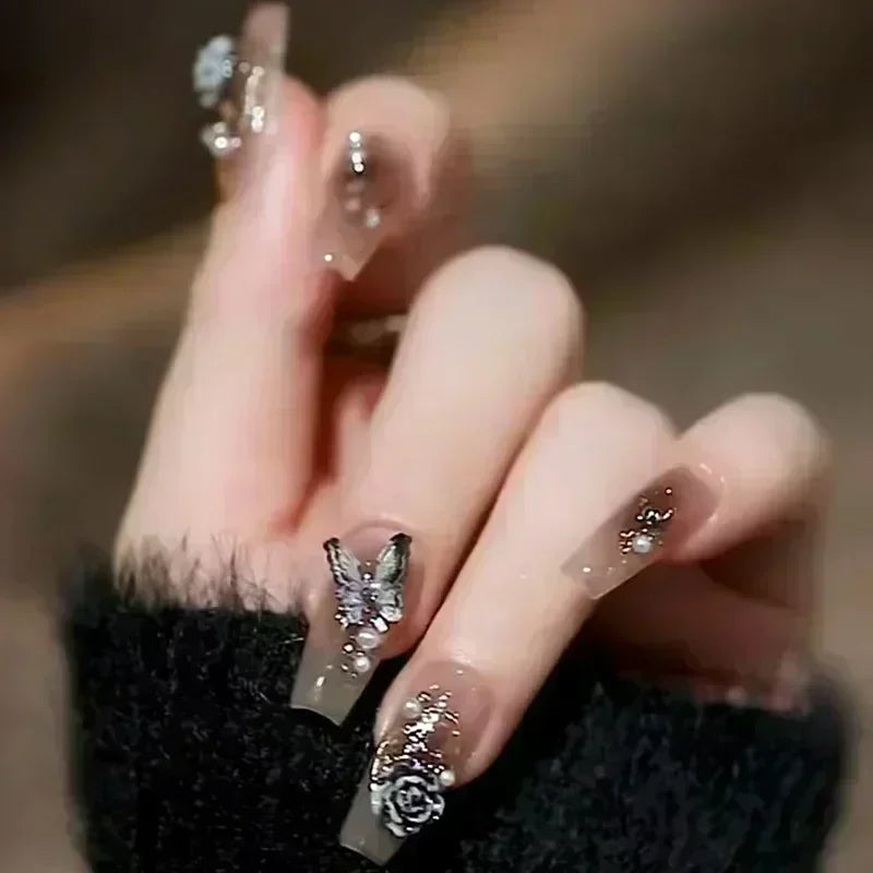 Butterfly Camellia Pearl Press-On Nails