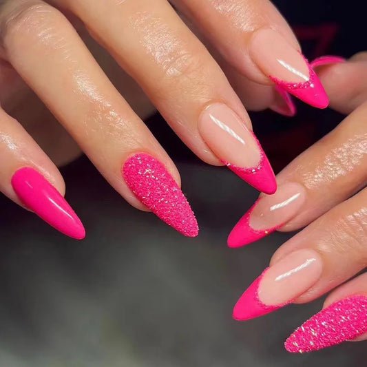 Rose Pink Glitter Almond Nails