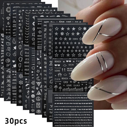 30pcs Black Line Nail Stickers 3D Irregular Line Geometric Pattern Nail Sticker Mysterious Sexy DIY Gothic Style Nail Stickers