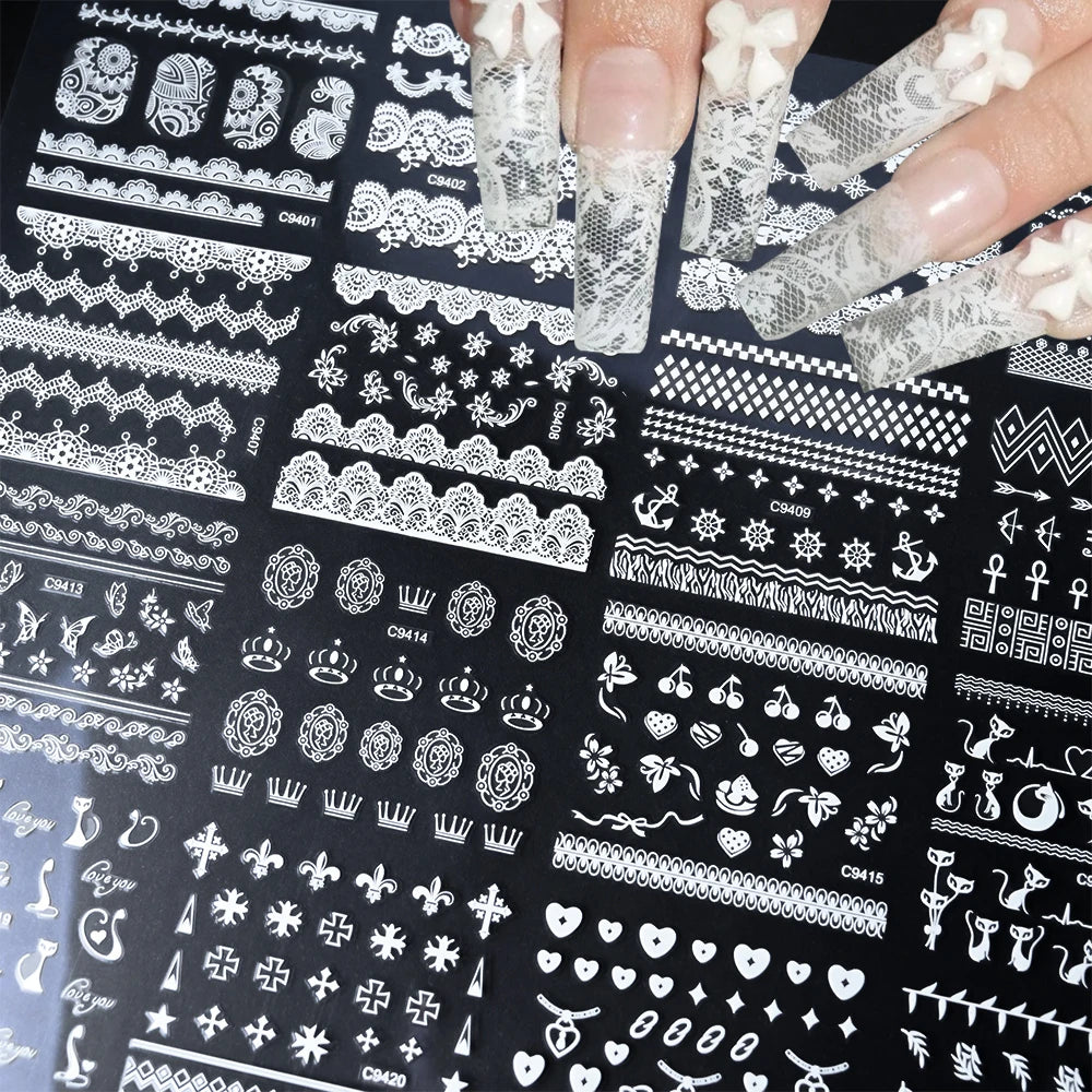 White Lace Nail Sticker 30pcs/Set Romantic Lace Cherry Love Nail Art Stickers For Wedding Bride Elegant Nail Decoration 6.3*5.3