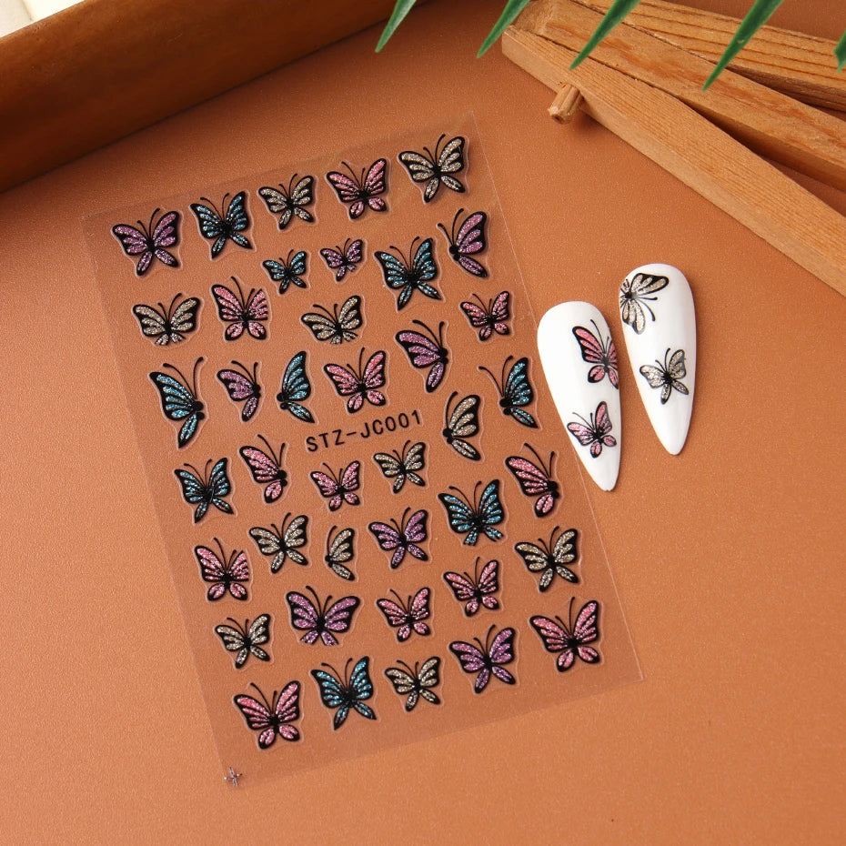 Glitter Butterfly Nail Stickers Decals Charm 3D Shiny Blue Pink Design Self Adhesive Sliders Nail Art Foils Manicure Decorations