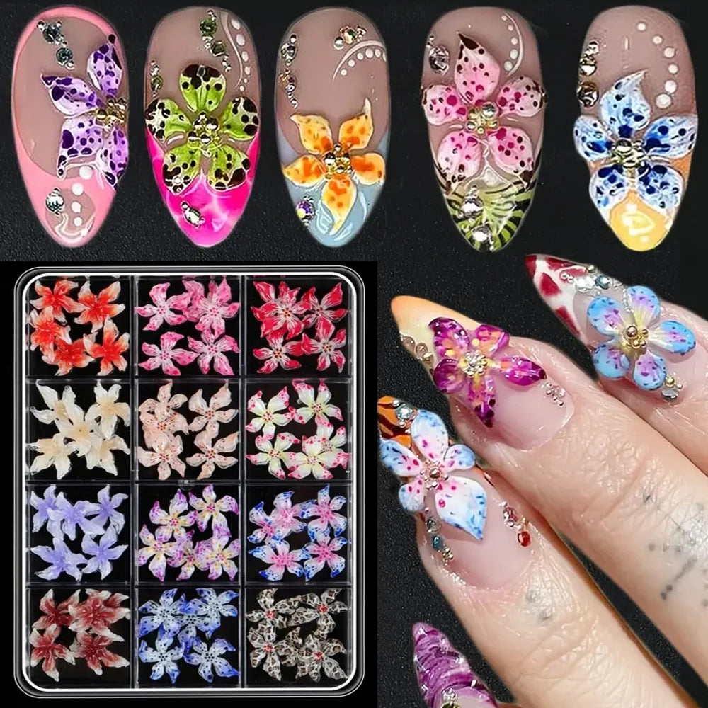 60pcs Mixed Hawaiian Flower Nail Decoration 3D Gradient Cherry Blossom Crystal Five Petal Leopard Print Lily Flower Nail Charms
