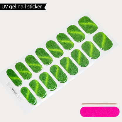 Green Cat Eyes Semi Cured Gel Nail Stickers 16Tips Pure Color Fine Flash Full Cover Nail Slider UV/LED  Baking  Lamp Gel Sticker