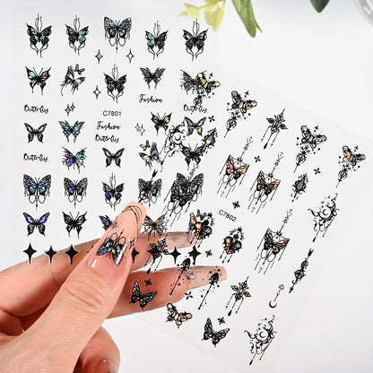 4Pcs/Set Laser Black Butterfly Stickers Holographic Butterflies Star Jewelry Design Decals 3D Self-Adhesive Slider Nails Decora*