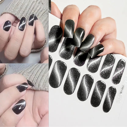 Green Cat Eyes Semi Cured Gel Nail Stickers 16Tips Pure Color Fine Flash Full Cover Nail Slider UV/LED  Baking  Lamp Gel Sticker